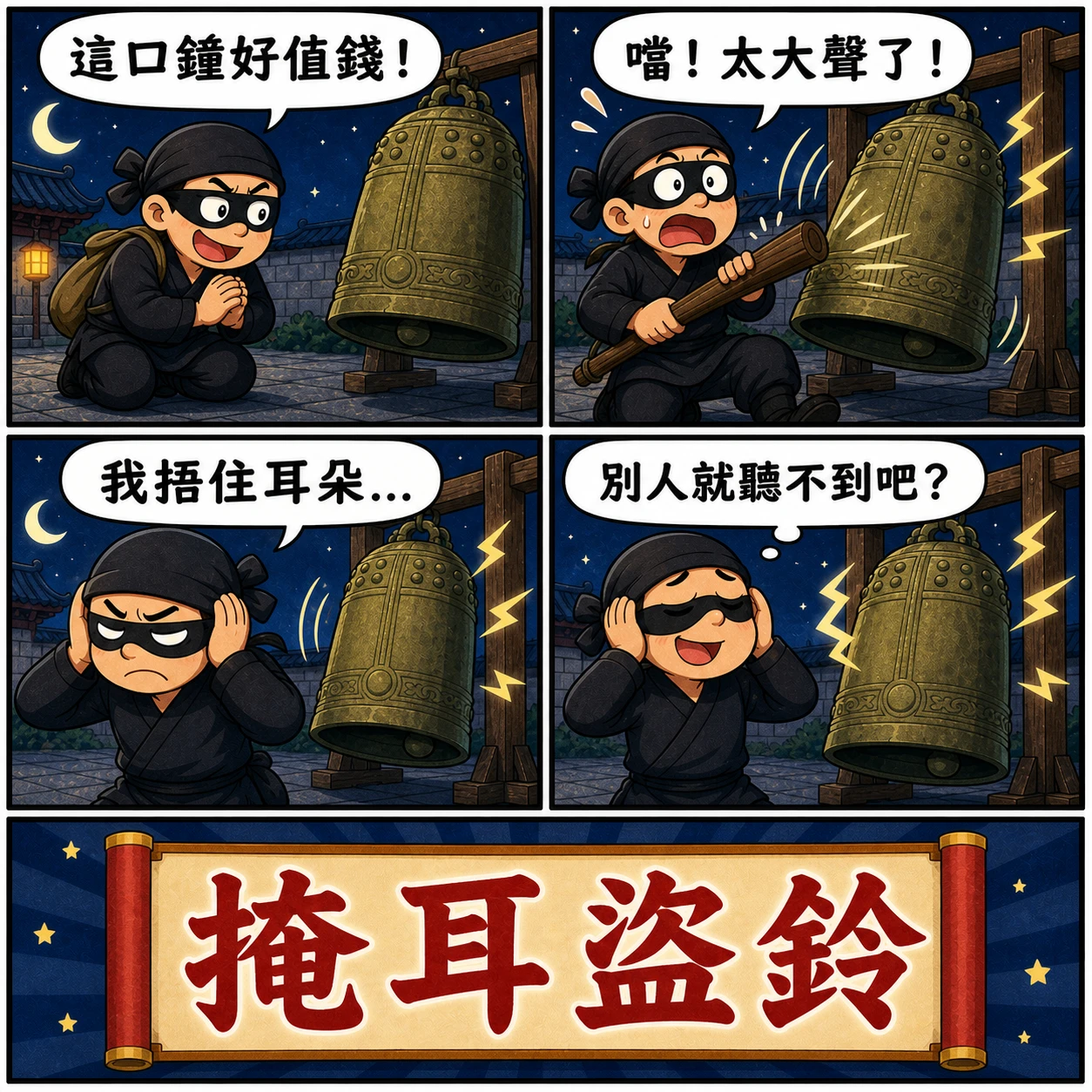 掩耳盜鈴的 AI 生成成語漫畫