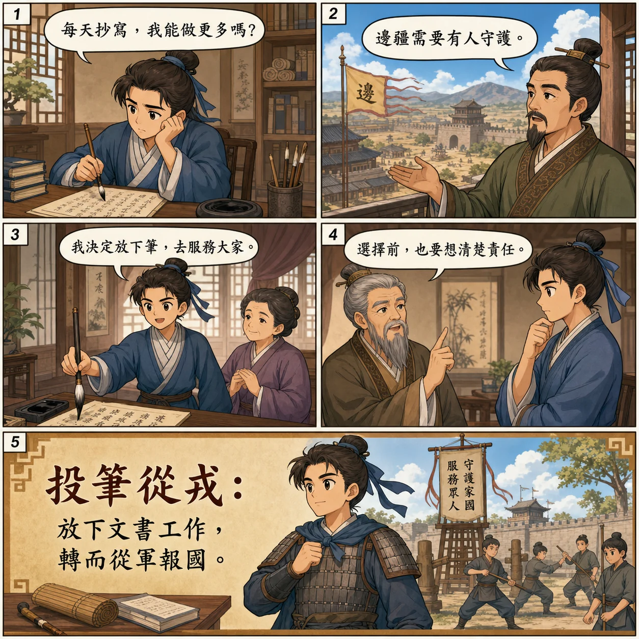 投筆從戎的 AI 生成成語漫畫