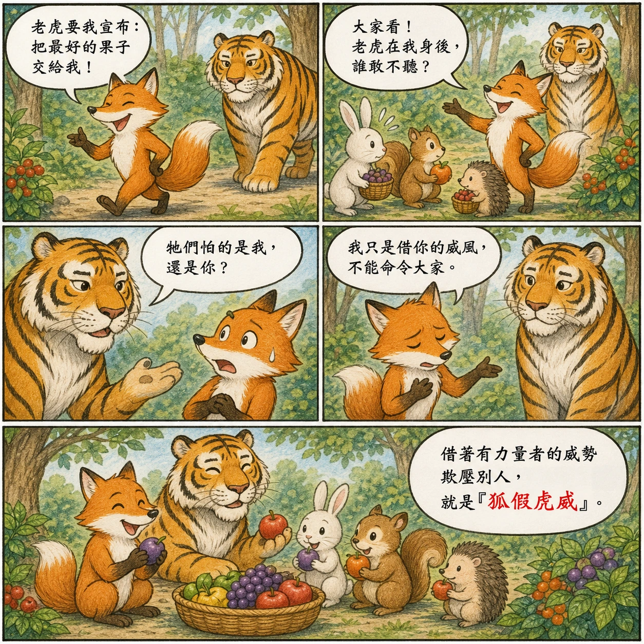 狐假虎威的 AI 生成成語漫畫