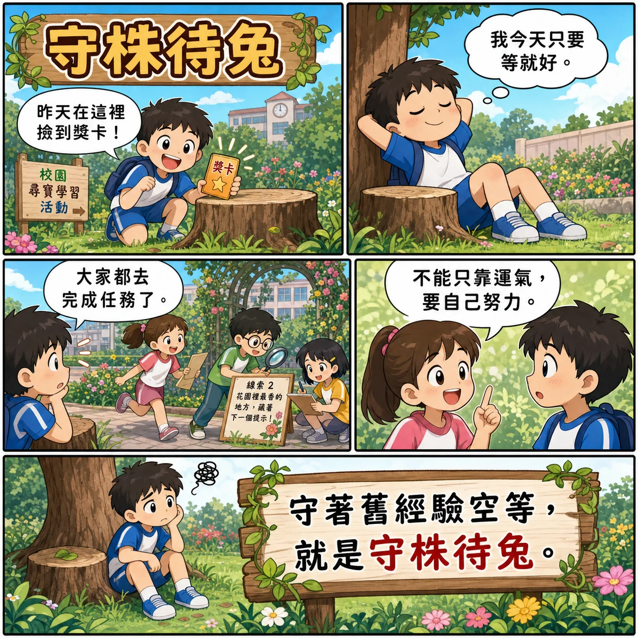 守株待兔的 AI 生成成語漫畫