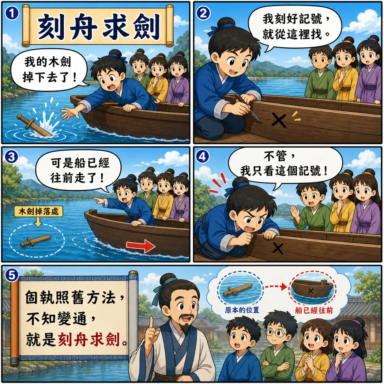 刻舟求劍的 AI 生成成語漫畫