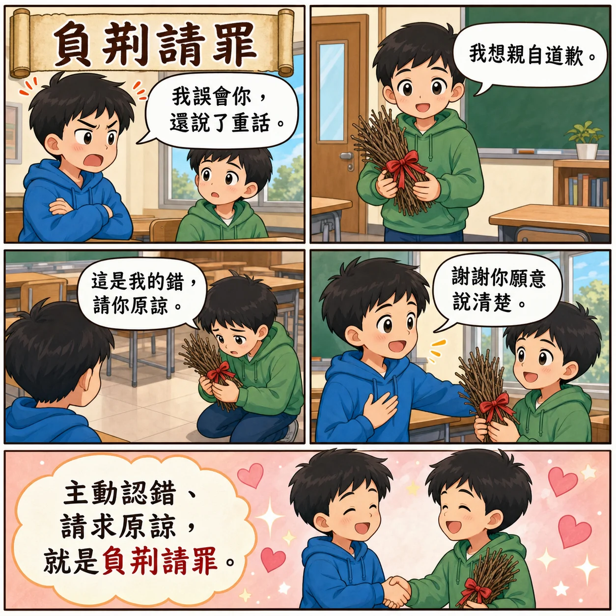 負荊請罪的 AI 生成成語漫畫