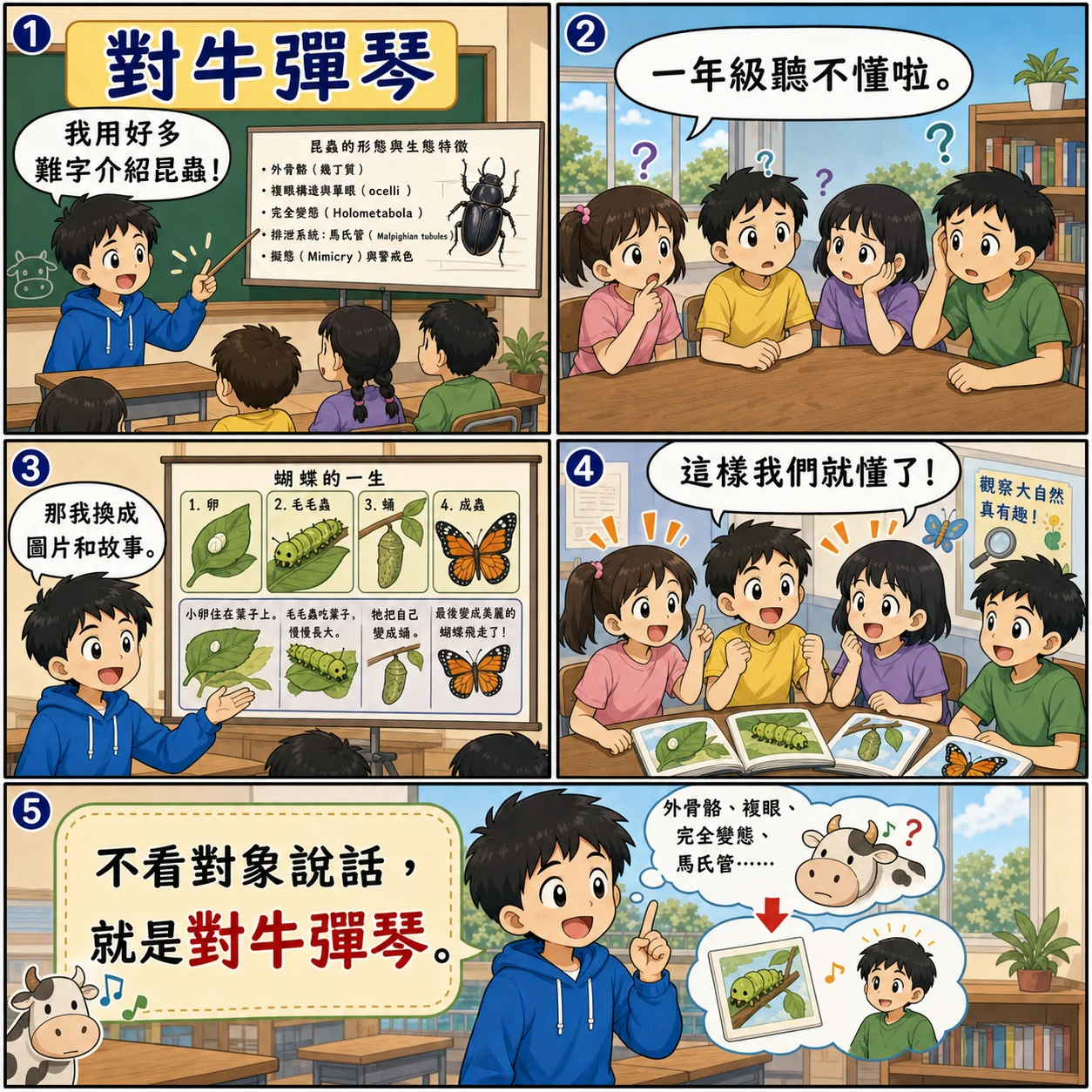 對牛彈琴的 AI 生成成語漫畫