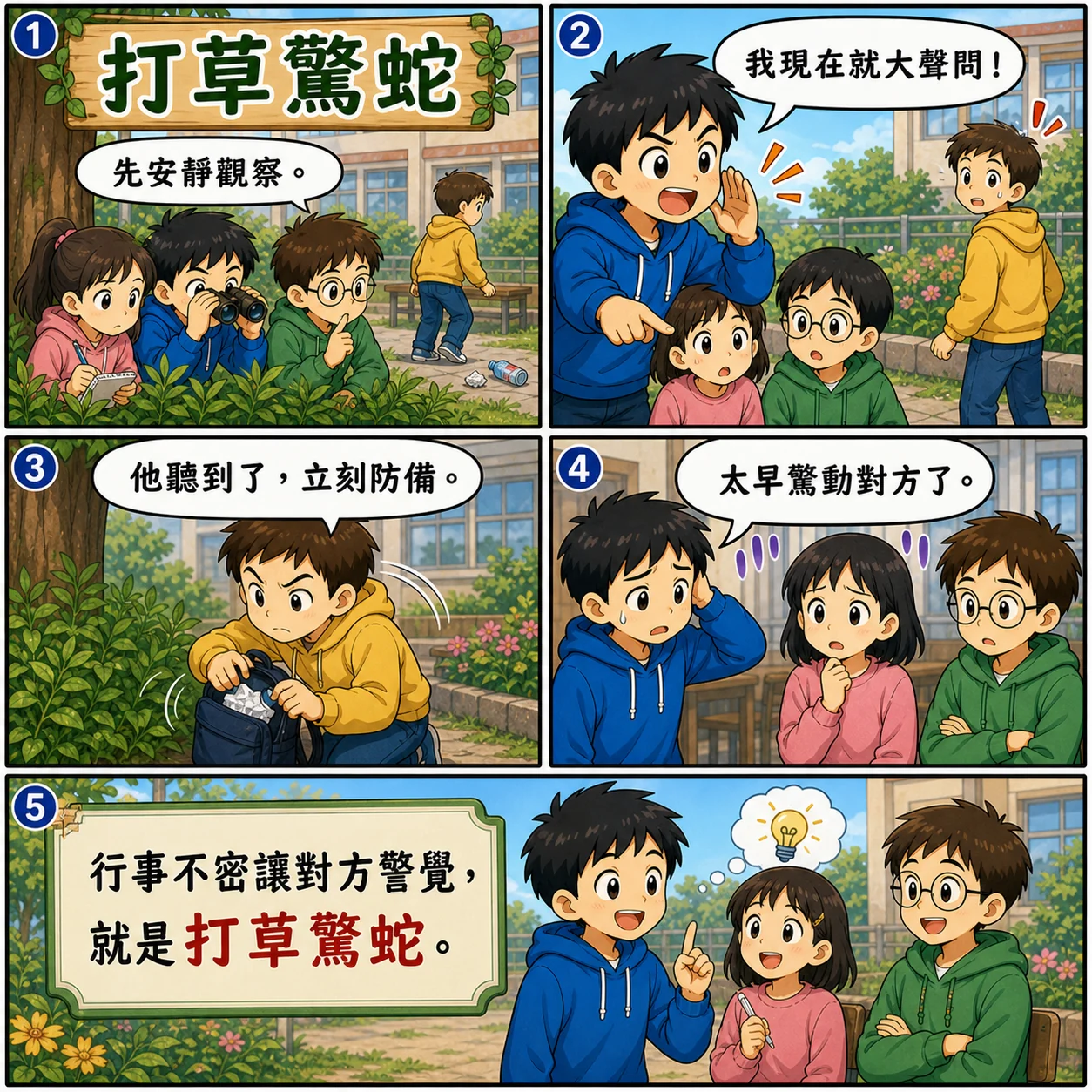 打草驚蛇的 AI 生成成語漫畫