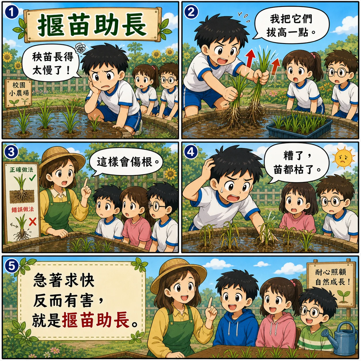 揠苗助長的 AI 生成成語漫畫