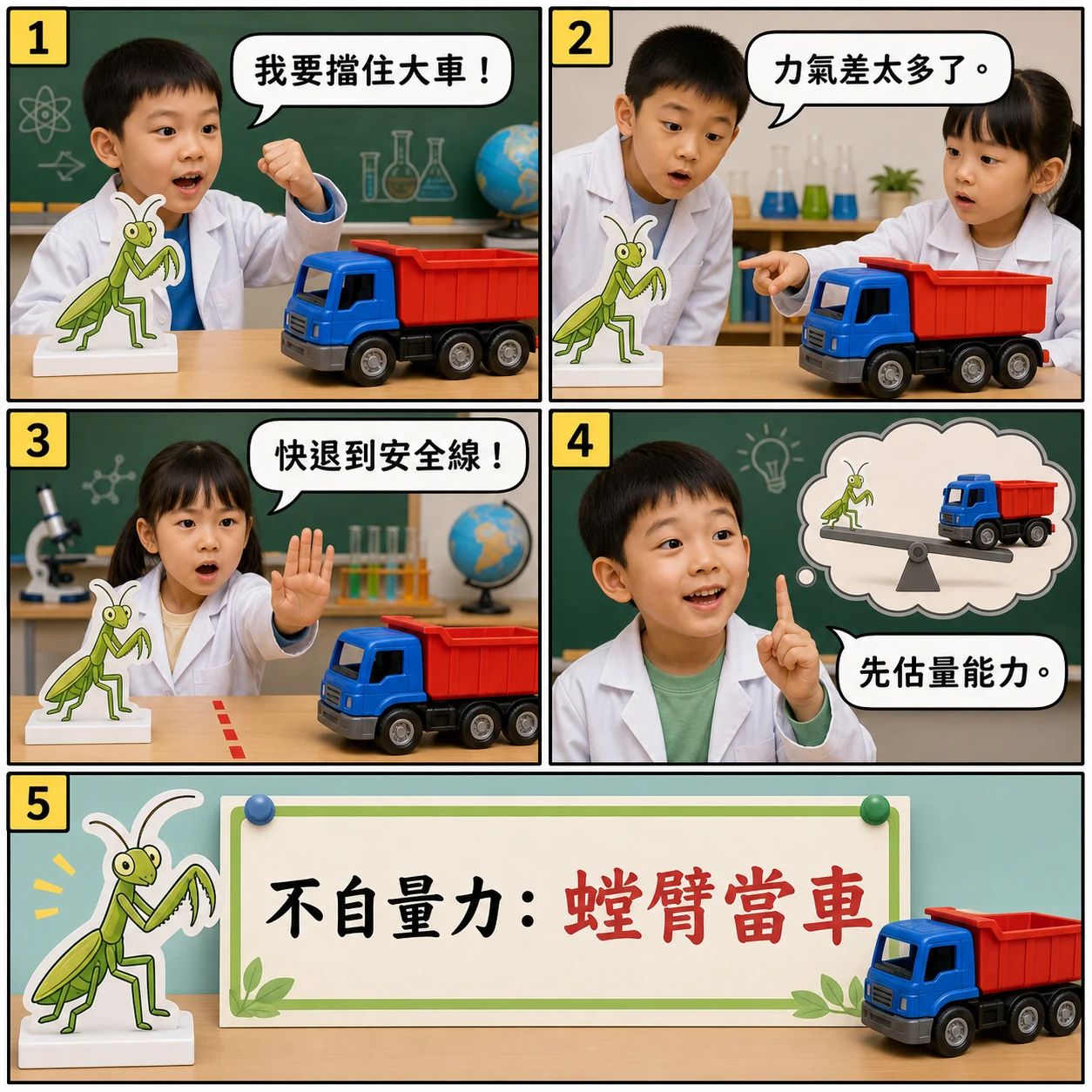 螳臂當車的 AI 生成成語漫畫