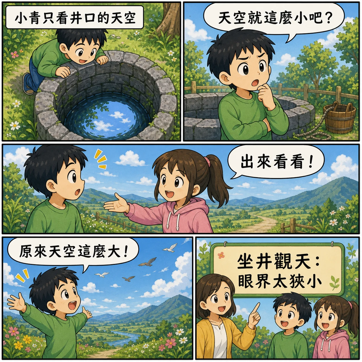 坐井觀天的 AI 生成成語漫畫
