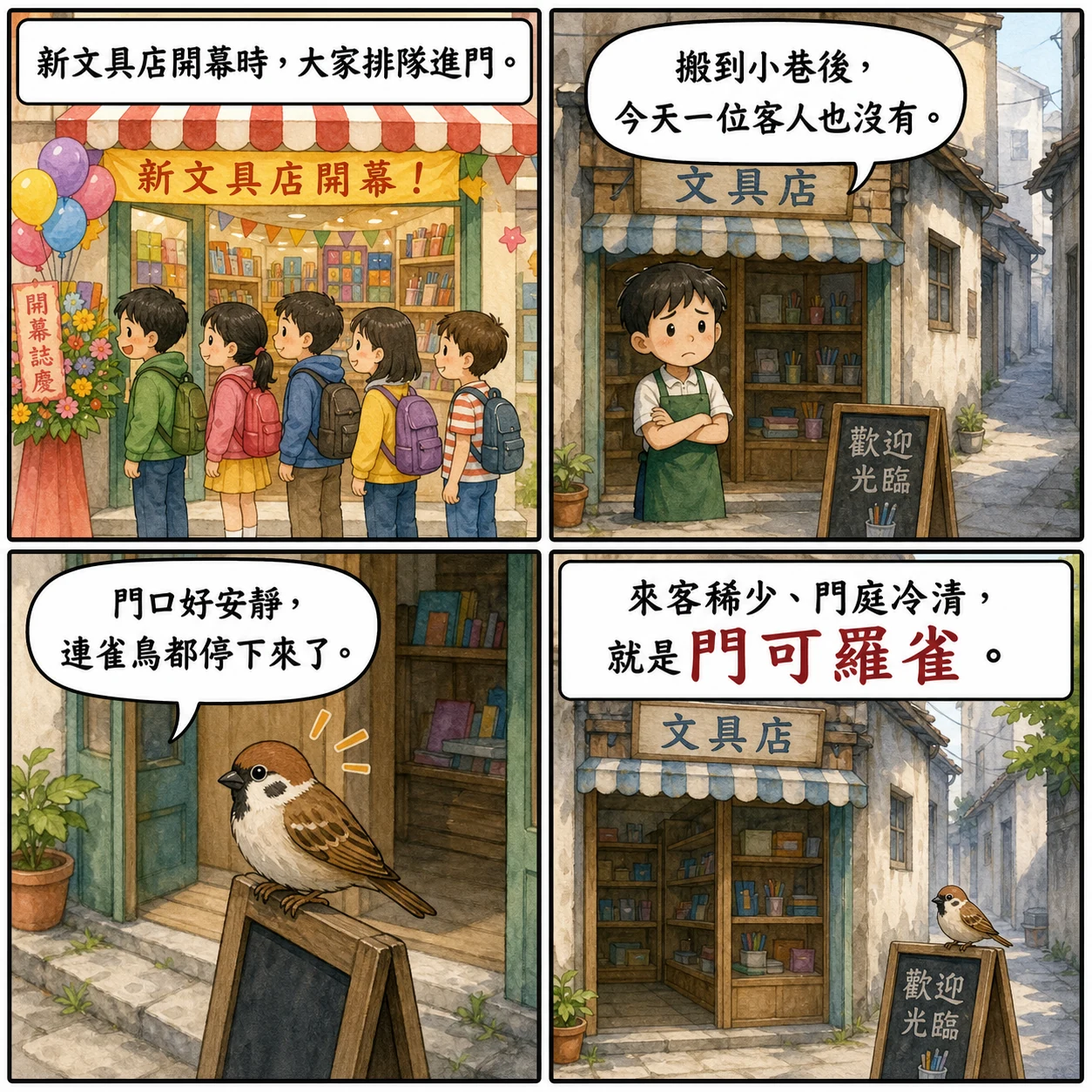 門可羅雀的 AI 生成成語漫畫
