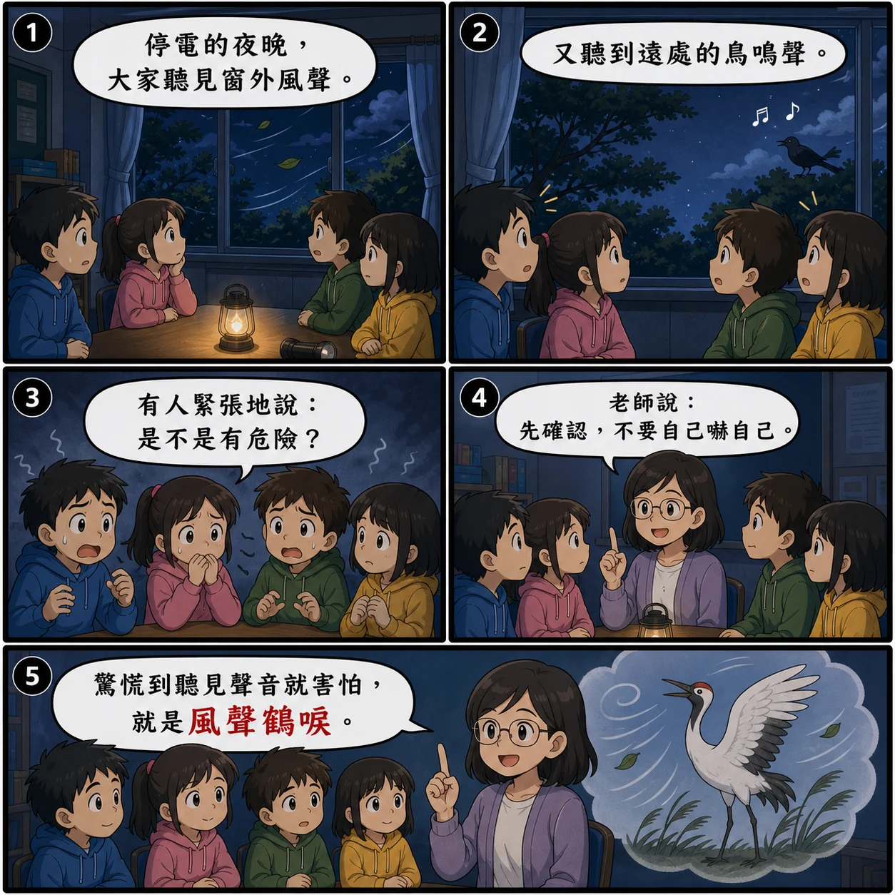 風聲鶴唳的 AI 生成成語漫畫