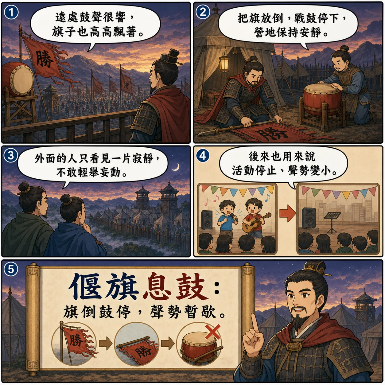 偃旗息鼓的 AI 生成成語漫畫