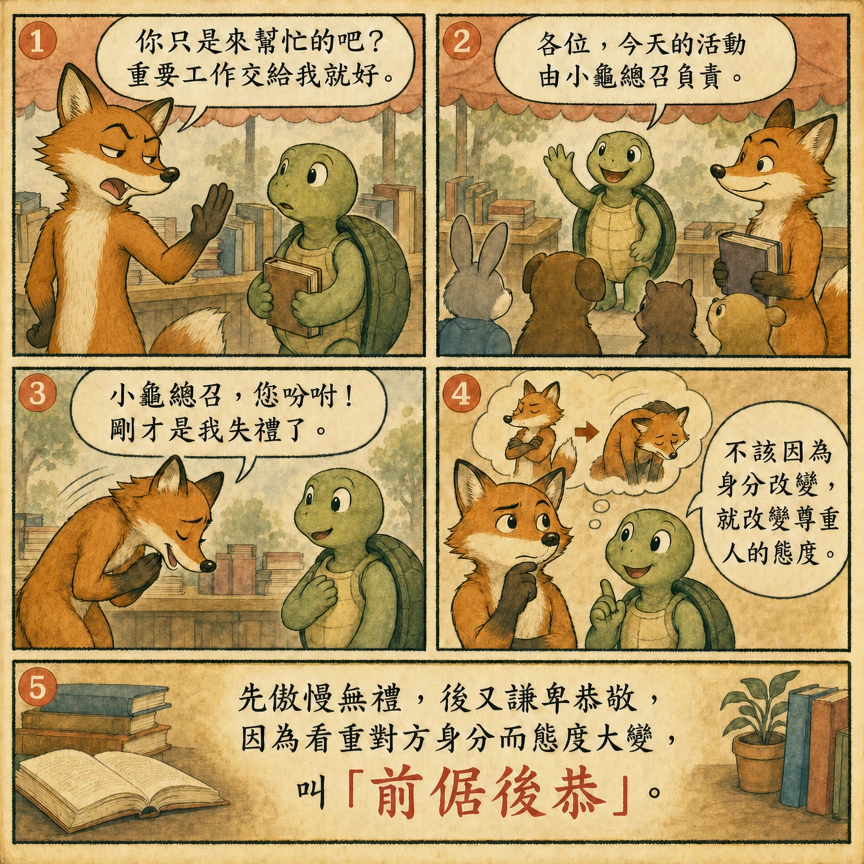前倨後恭的 AI 生成成語漫畫