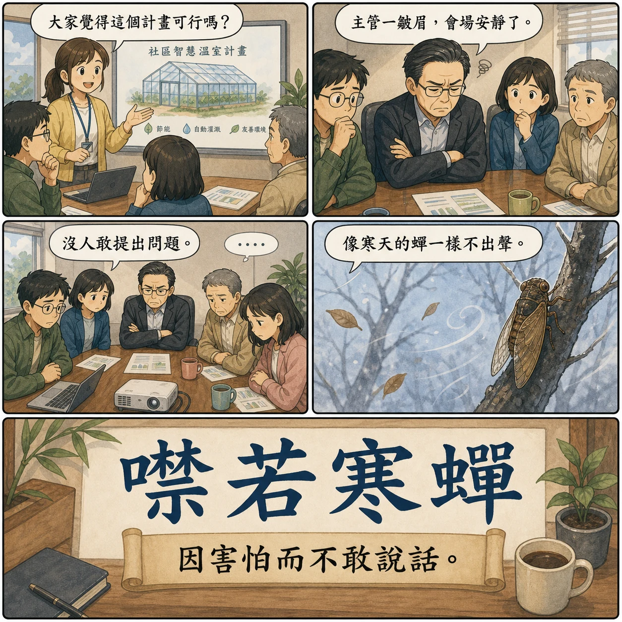 噤若寒蟬的 AI 生成成語漫畫