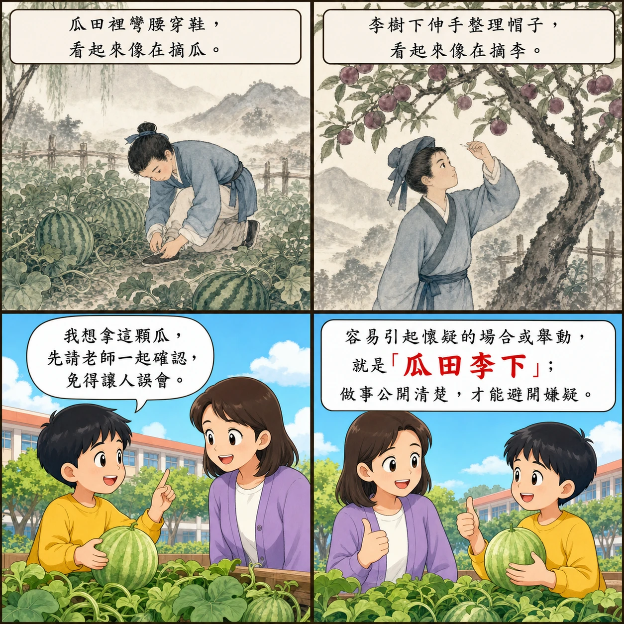 瓜田李下的 AI 生成成語漫畫