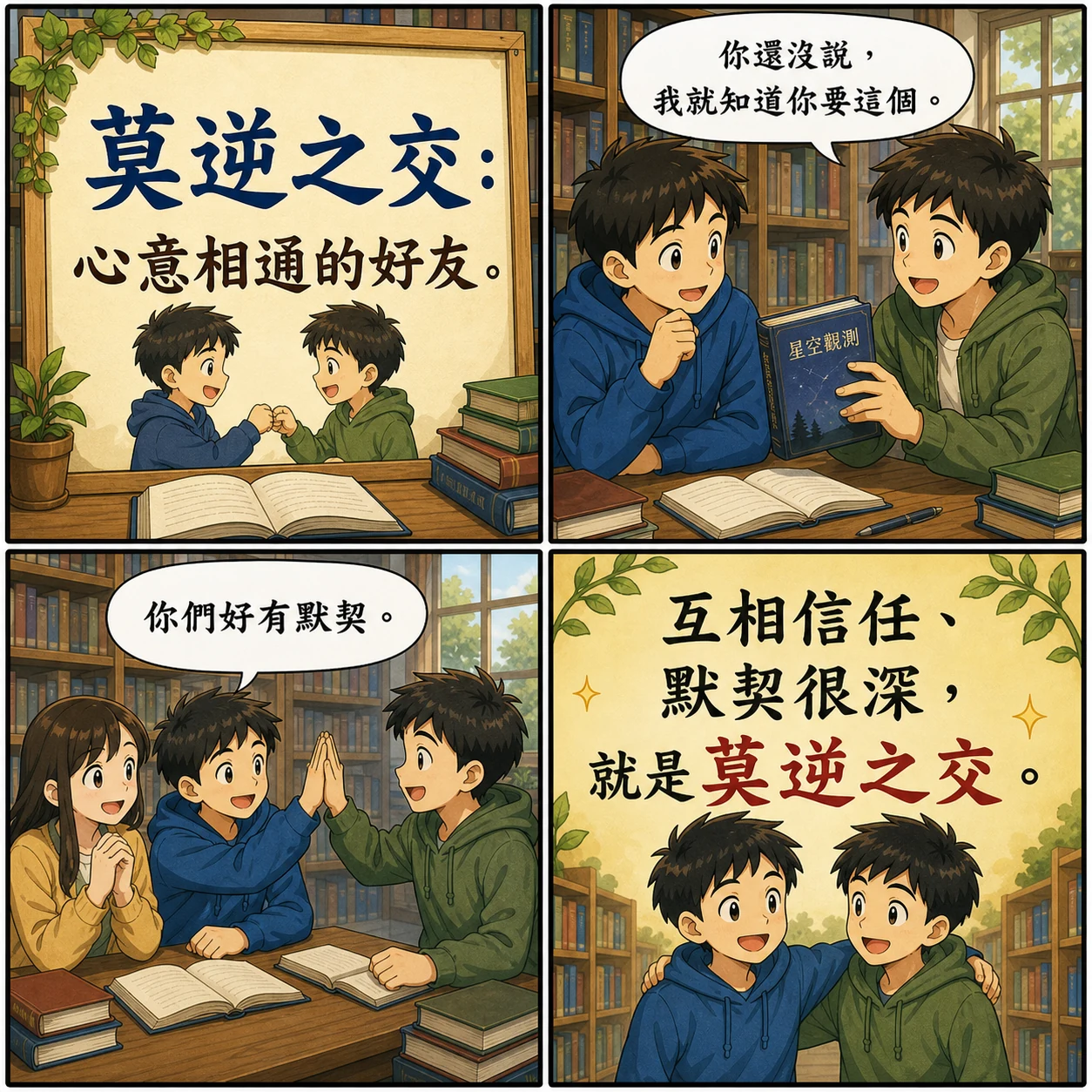 莫逆之交的 AI 生成成語漫畫