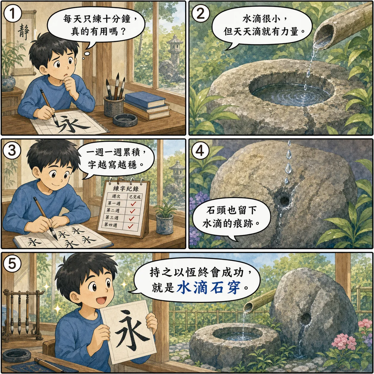 水滴石穿的 AI 生成成語漫畫