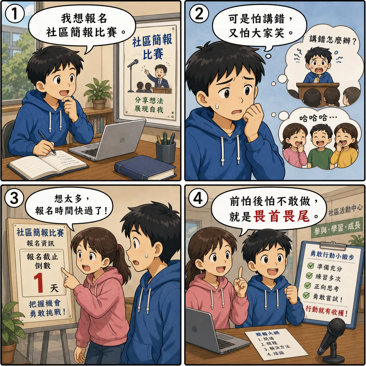 畏首畏尾的 AI 生成成語漫畫