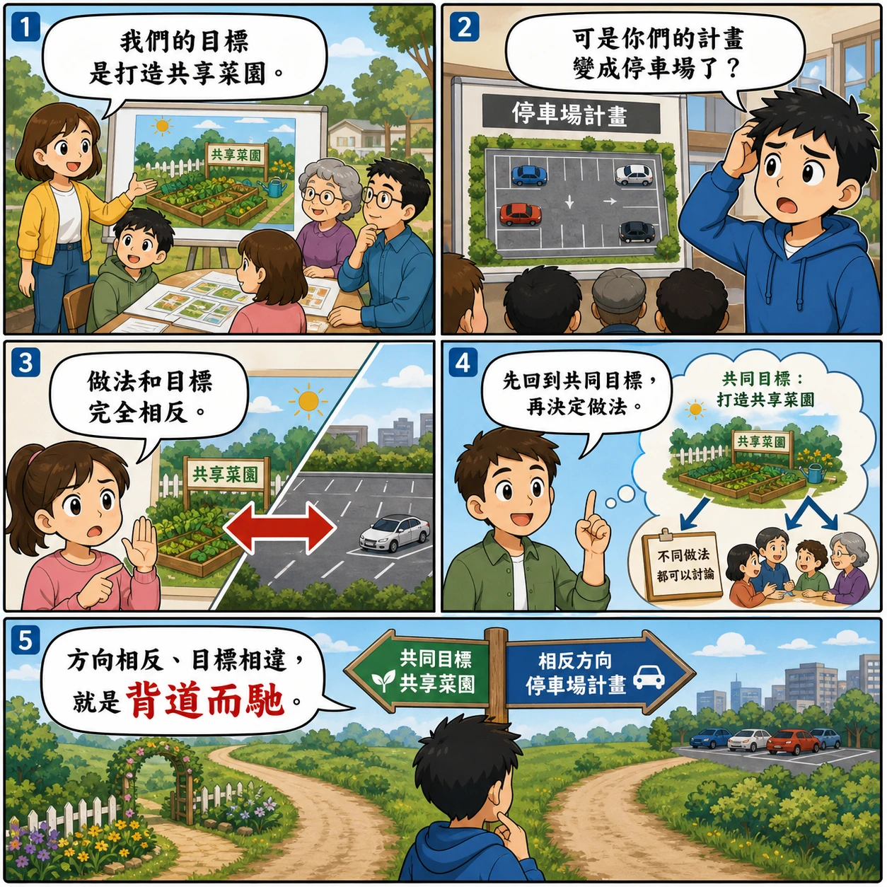 背道而馳的 AI 生成成語漫畫
