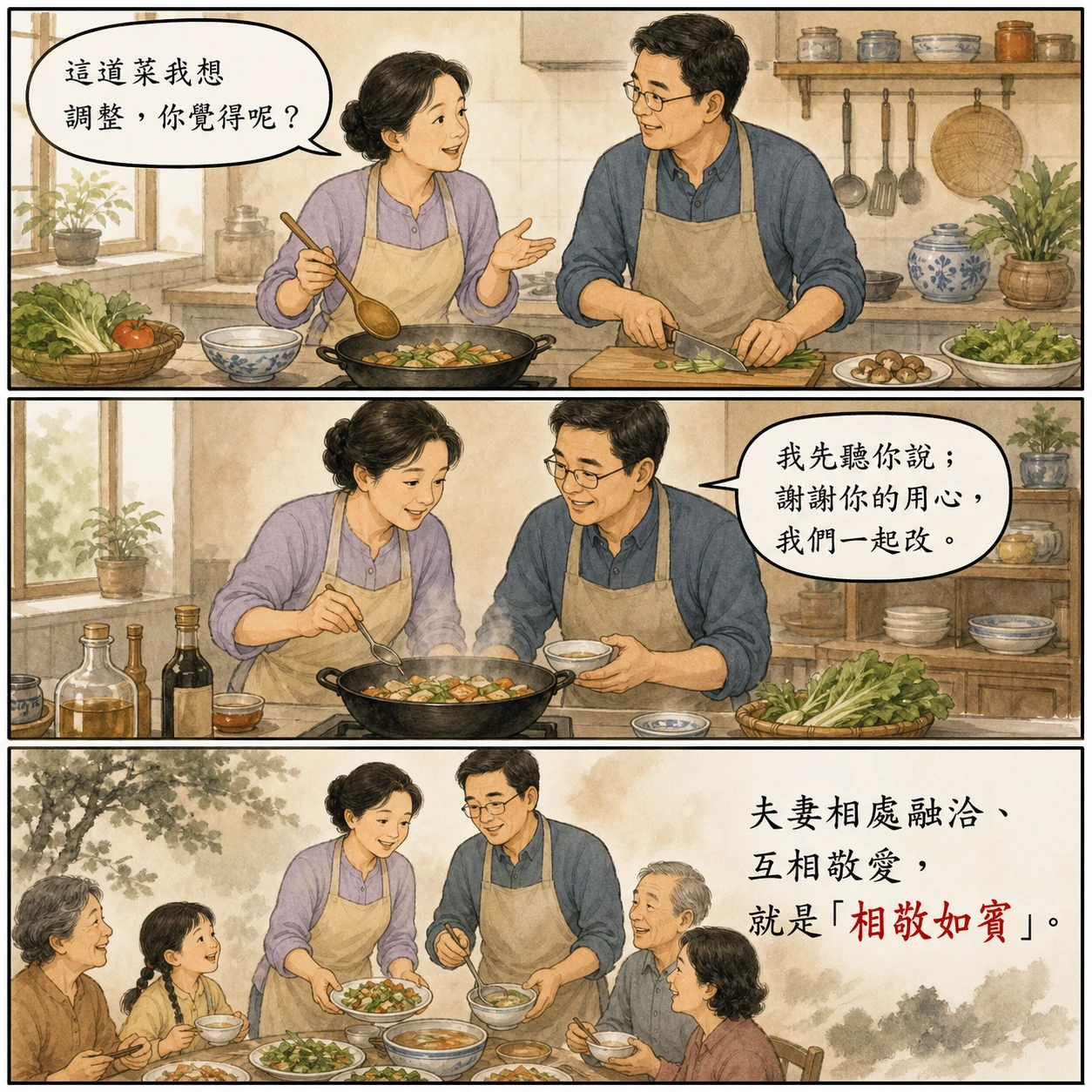 相敬如賓的 AI 生成成語漫畫