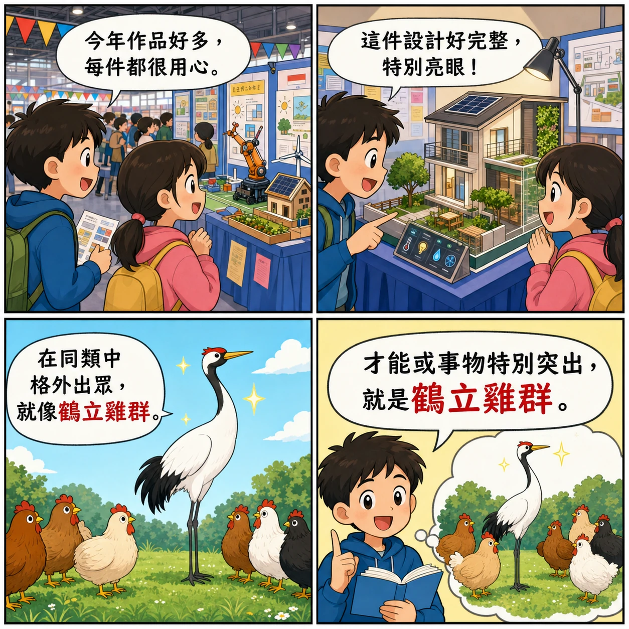 鶴立雞群的 AI 生成成語漫畫
