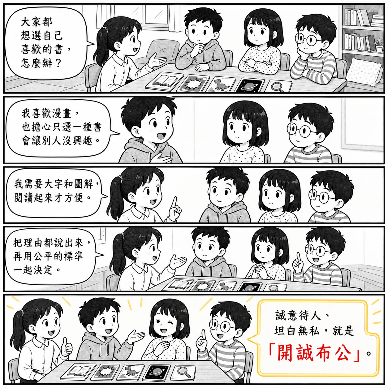 開誠布公的 AI 生成成語漫畫