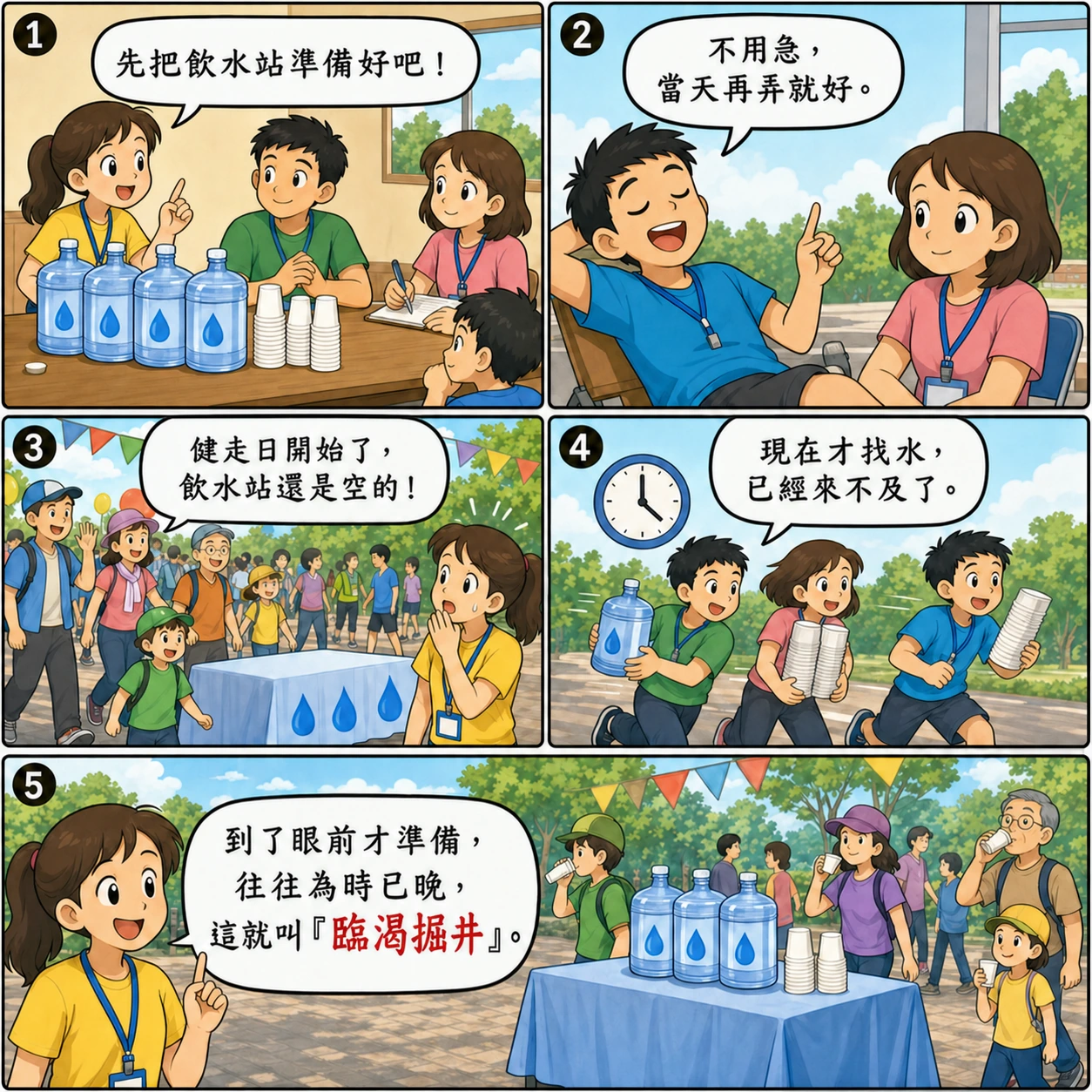 臨渴掘井的 AI 生成成語漫畫