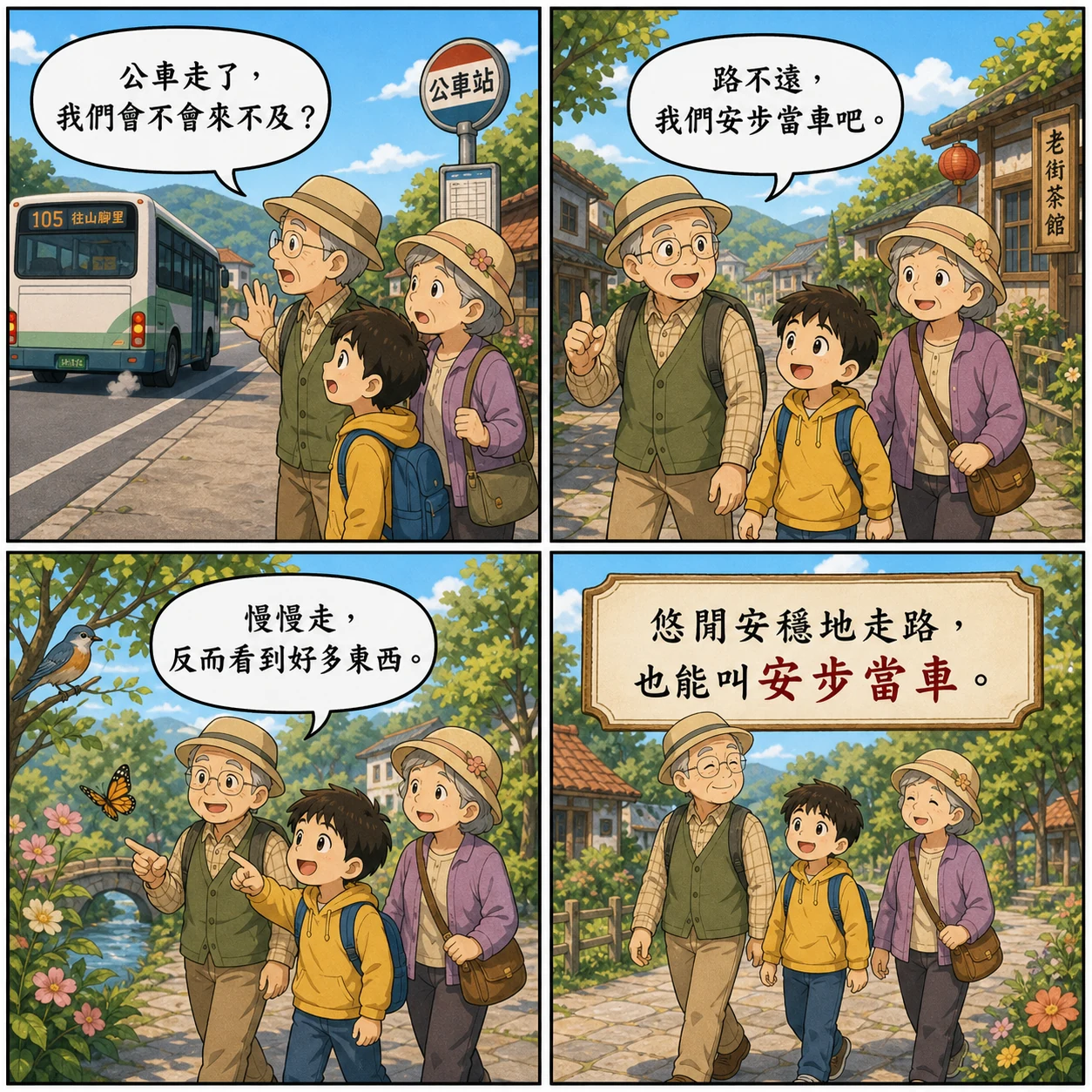 安步當車的 AI 生成成語漫畫