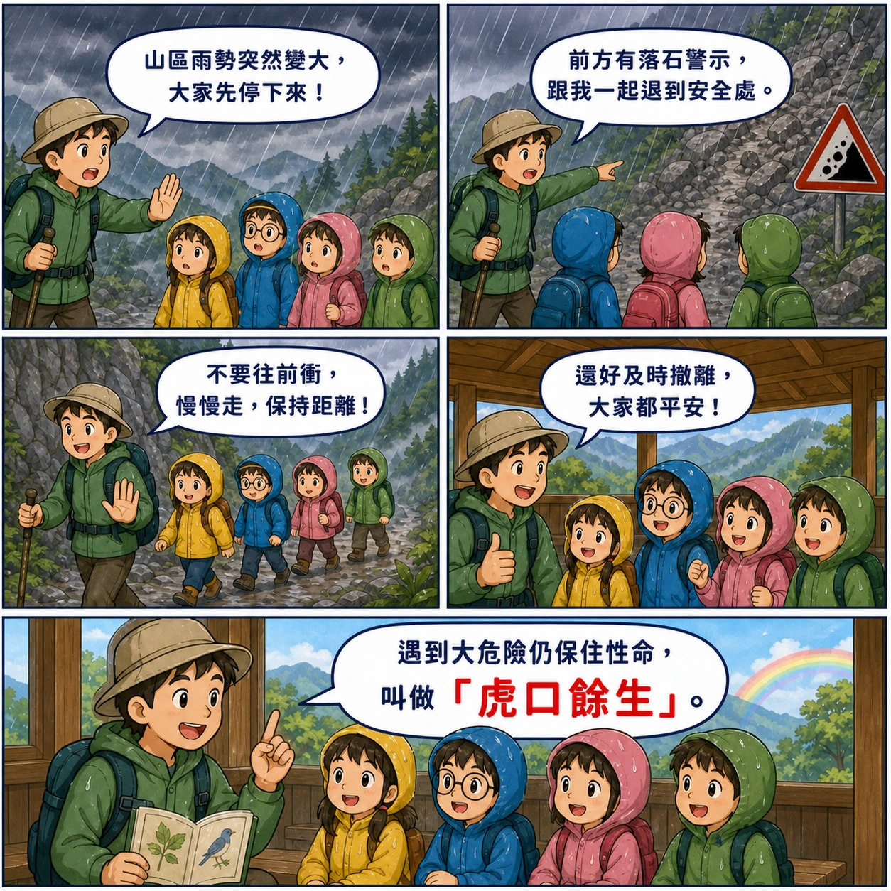 虎口餘生的 AI 生成成語漫畫
