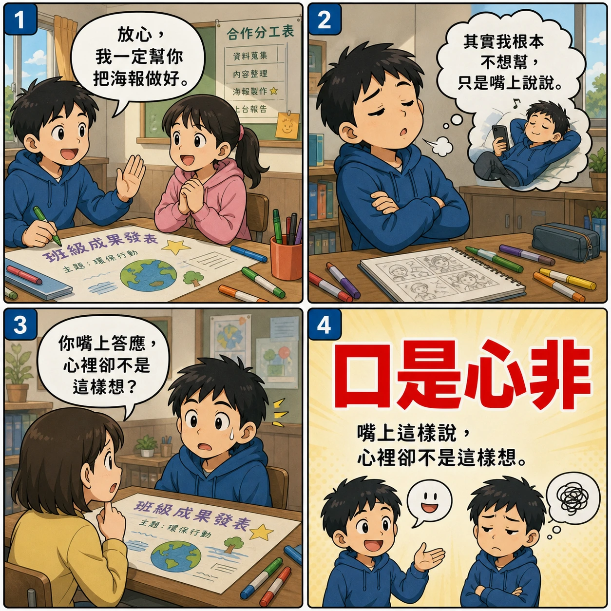 口是心非的 AI 生成成語漫畫