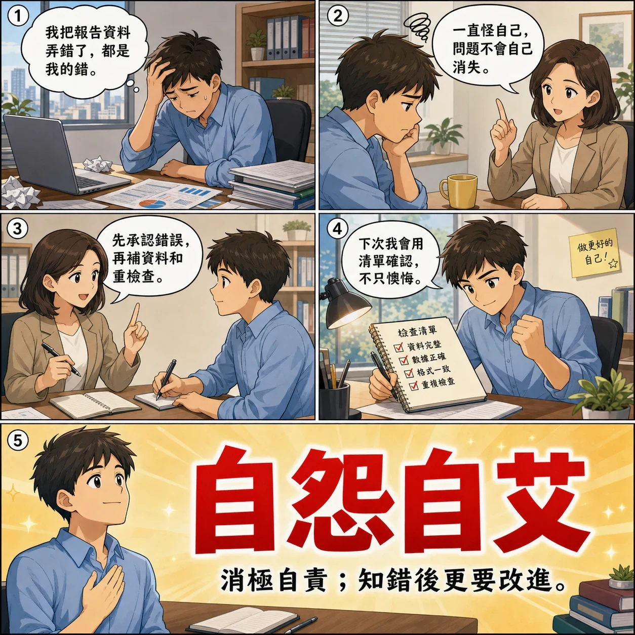 自怨自艾的 AI 生成成語漫畫