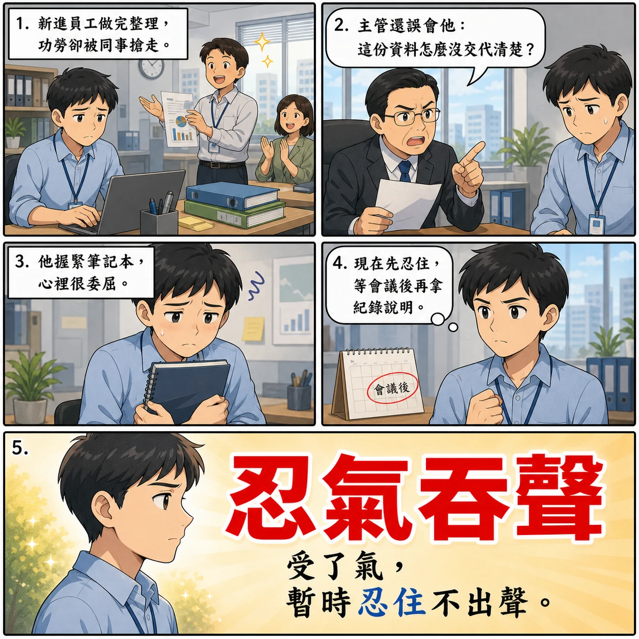 忍氣吞聲的 AI 生成成語漫畫