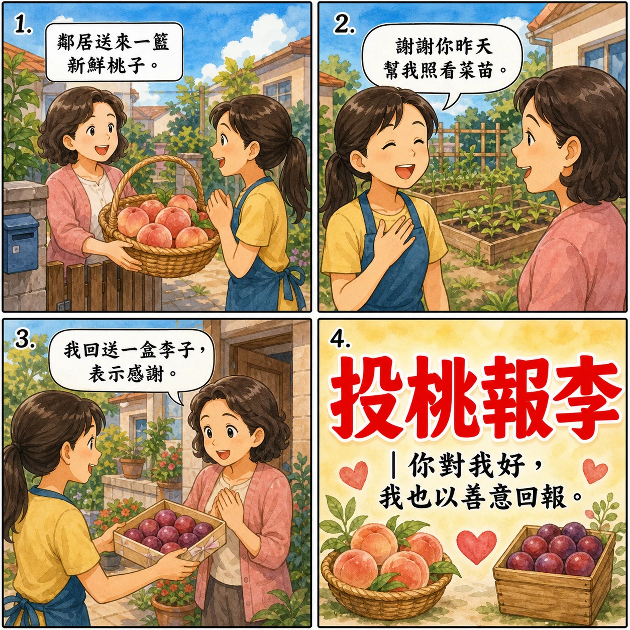 投桃報李的 AI 生成成語漫畫