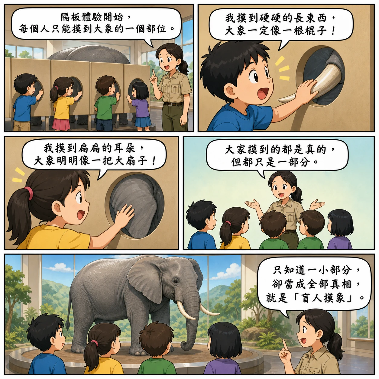 盲人摸象的 AI 生成成語漫畫