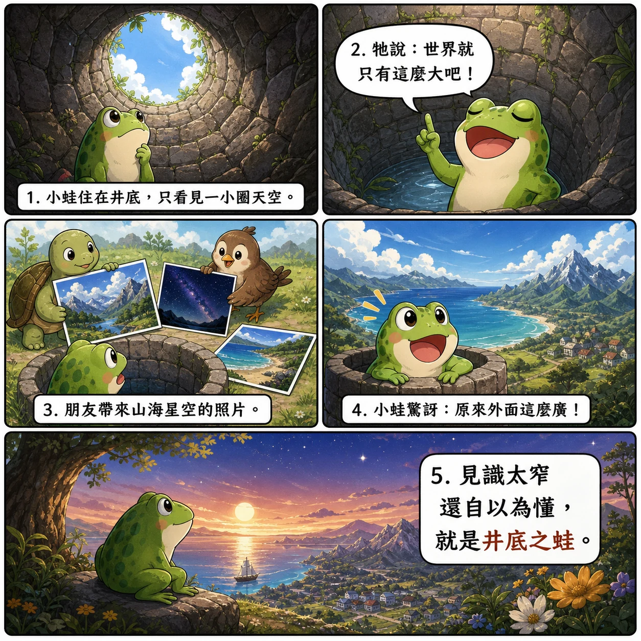 井底之蛙的 AI 生成成語漫畫