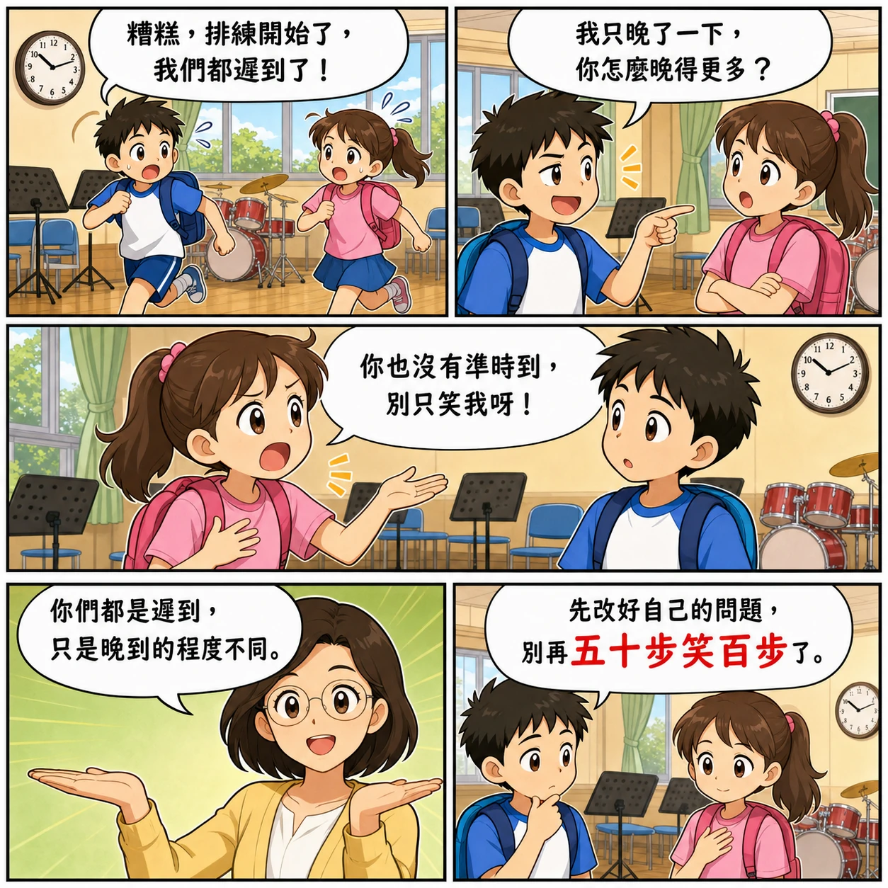 五十步笑百步的 AI 生成成語漫畫