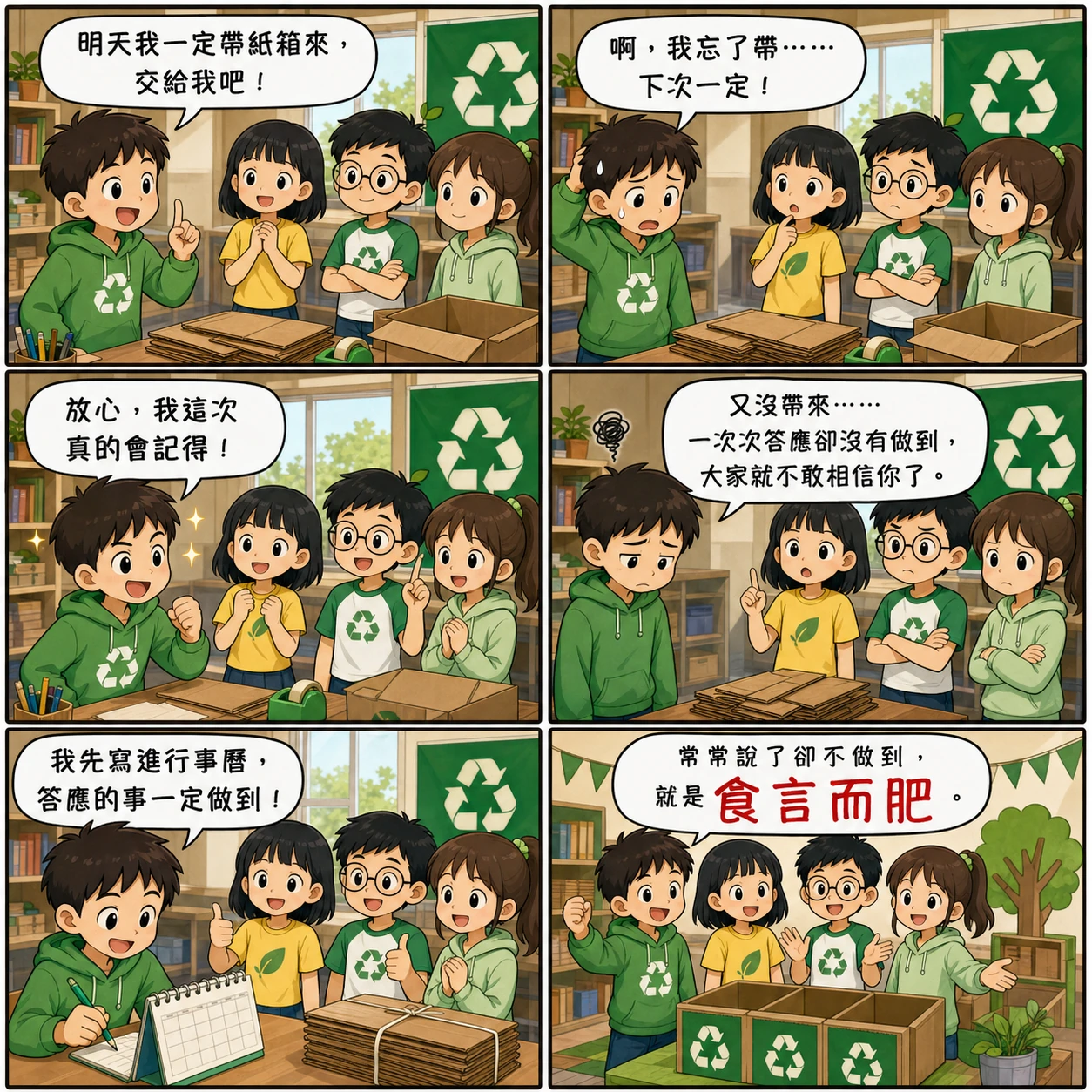 食言而肥的 AI 生成成語漫畫