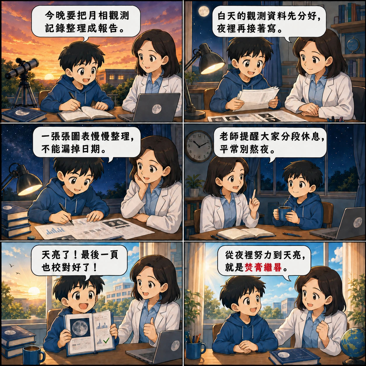 焚膏繼晷的 AI 生成成語漫畫