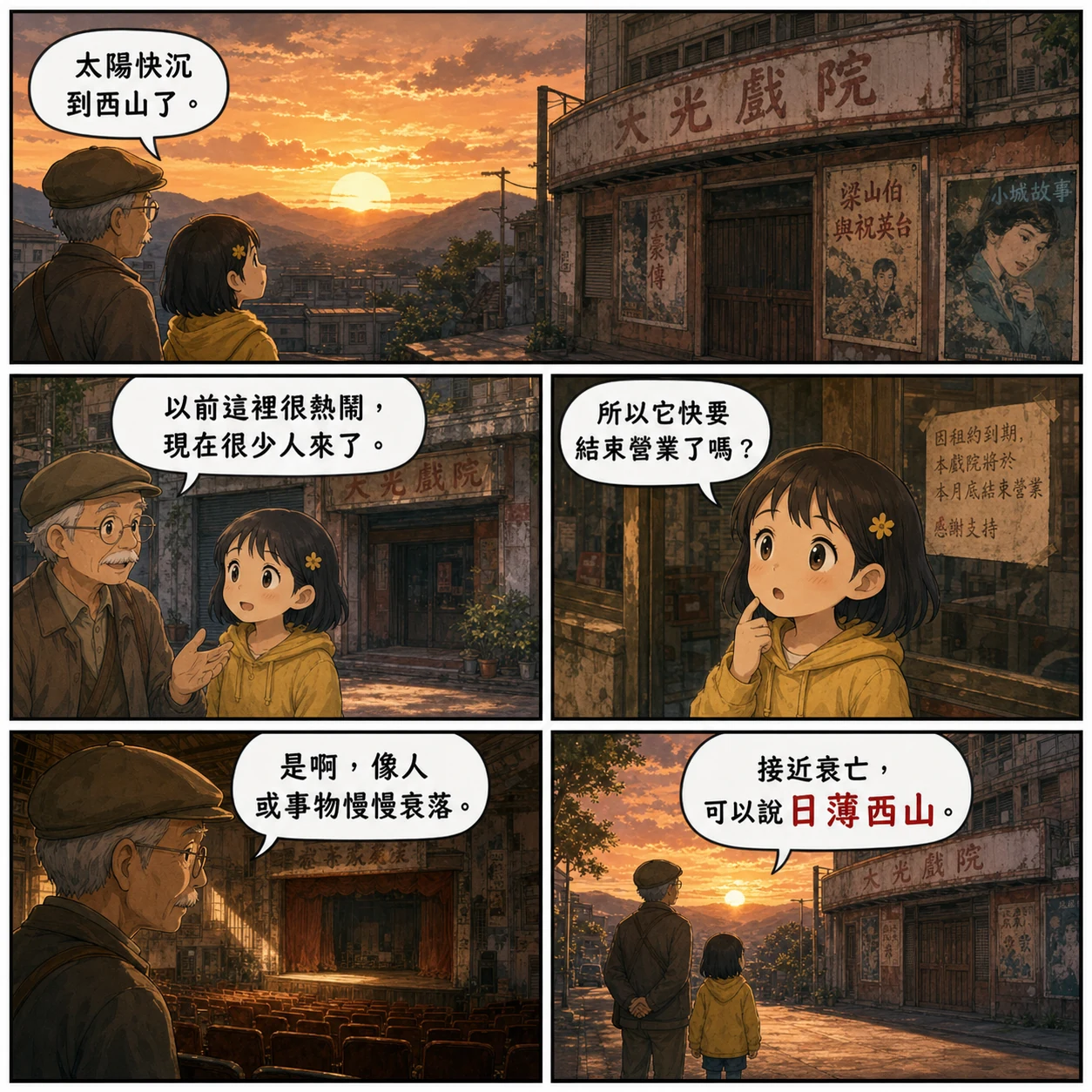 日薄西山的 AI 生成成語漫畫
