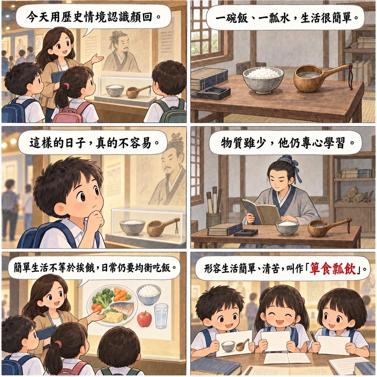 簞食瓢飲的 AI 生成成語漫畫