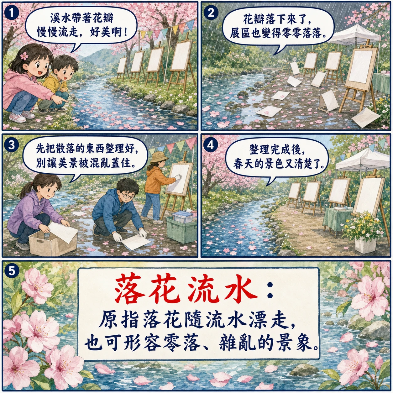落花流水的 AI 生成成語漫畫