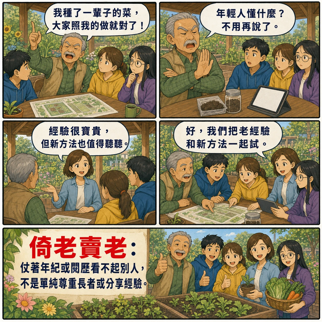 倚老賣老的 AI 生成成語漫畫
