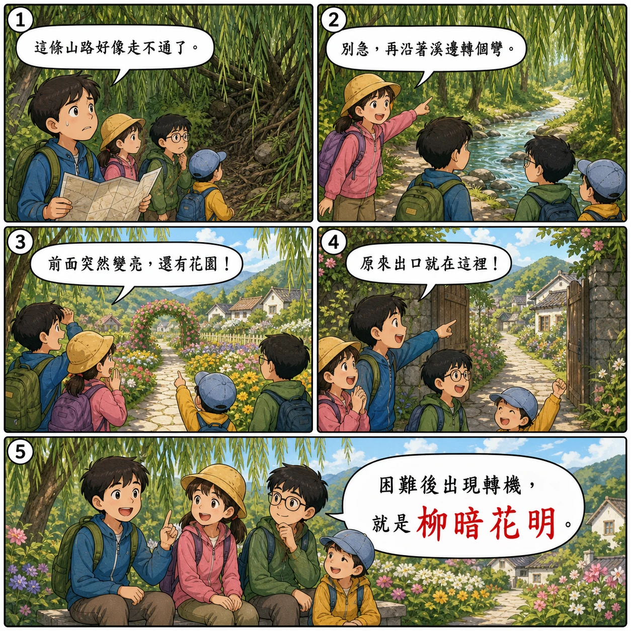 柳暗花明的 AI 生成成語漫畫