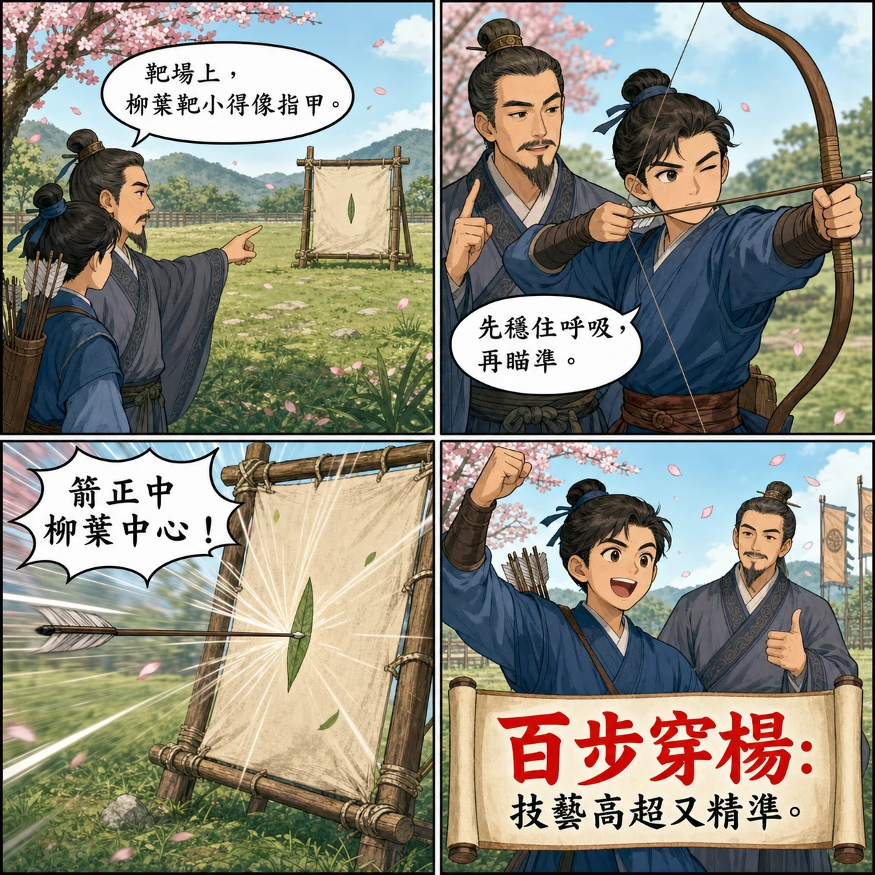 百步穿楊的 AI 生成成語漫畫