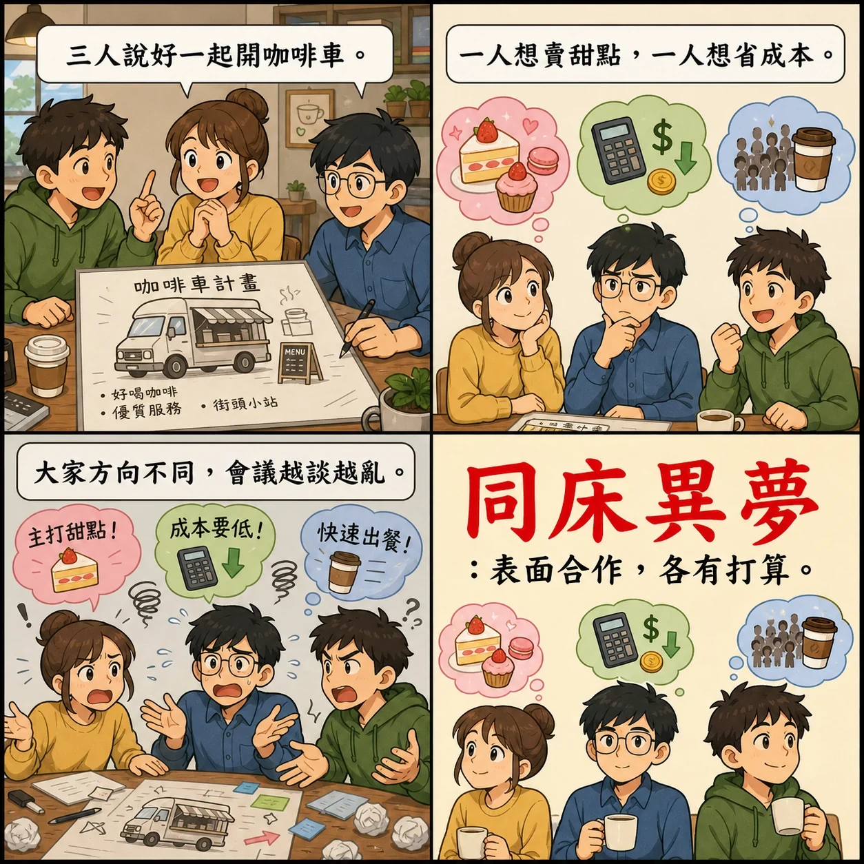 同床異夢的 AI 生成成語漫畫