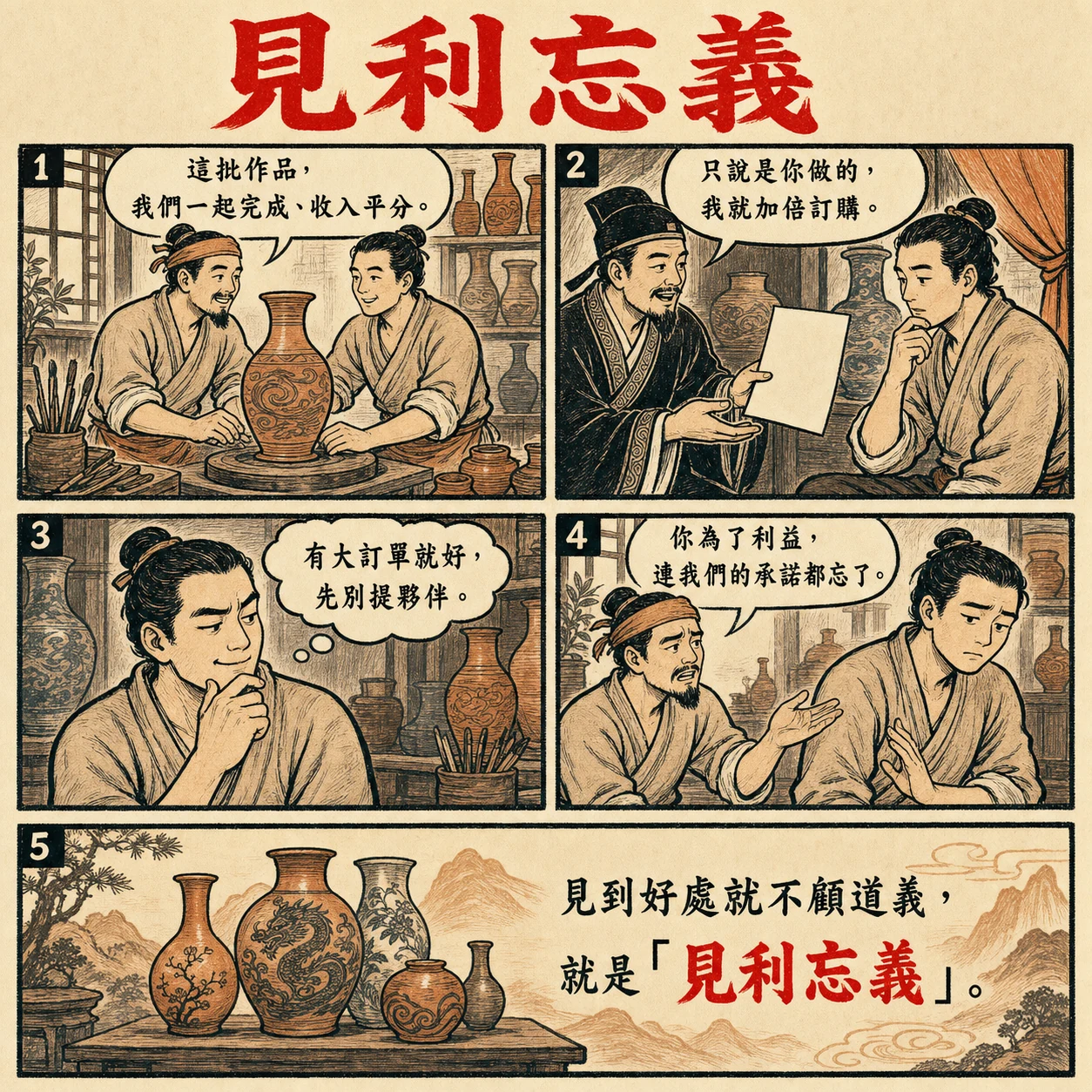 見利忘義的 AI 生成成語漫畫