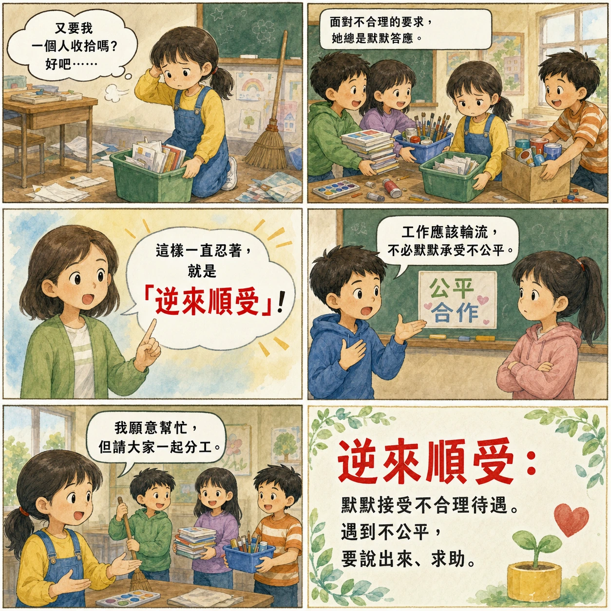 逆來順受的 AI 生成成語漫畫