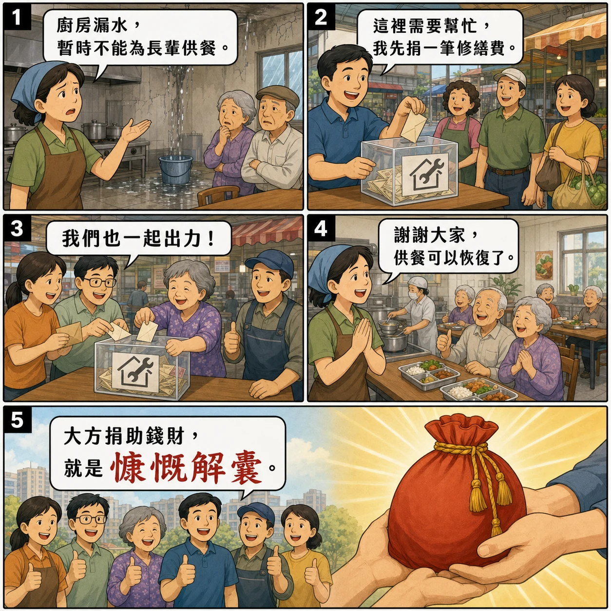 慷慨解囊的 AI 生成成語漫畫