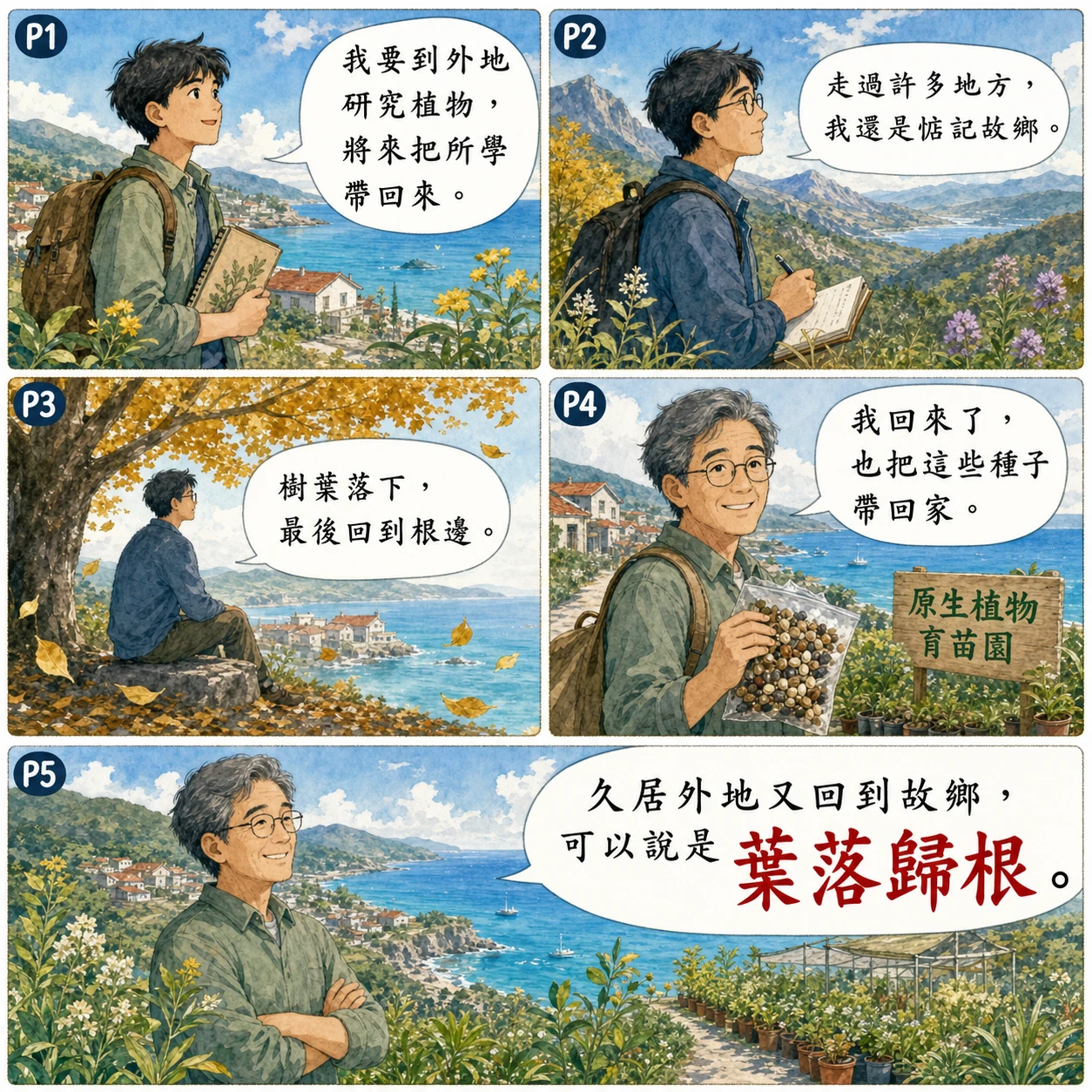 葉落歸根的 AI 生成成語漫畫