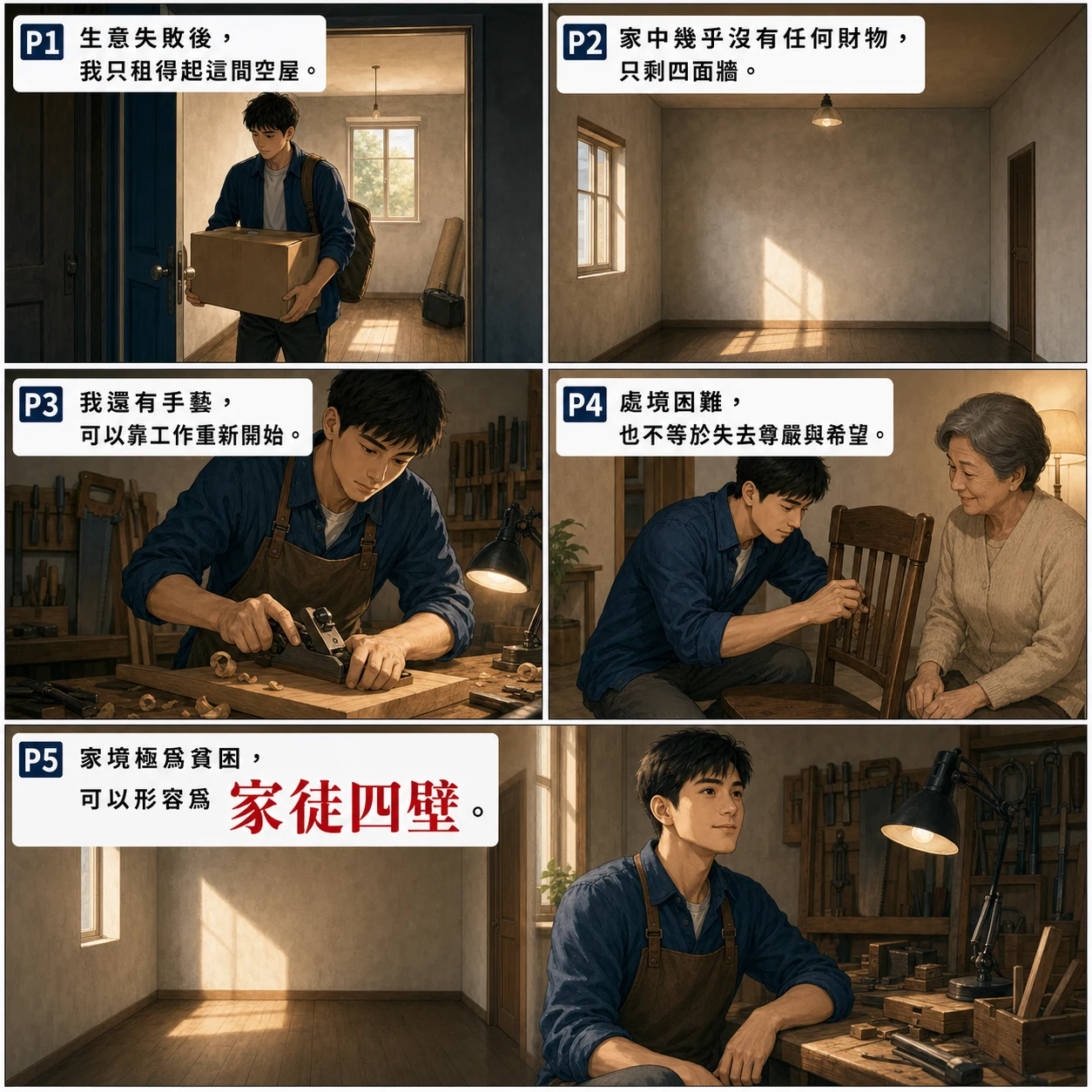 家徒四壁的 AI 生成成語漫畫