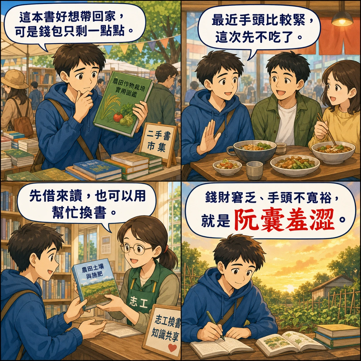 阮囊羞澀的 AI 生成成語漫畫