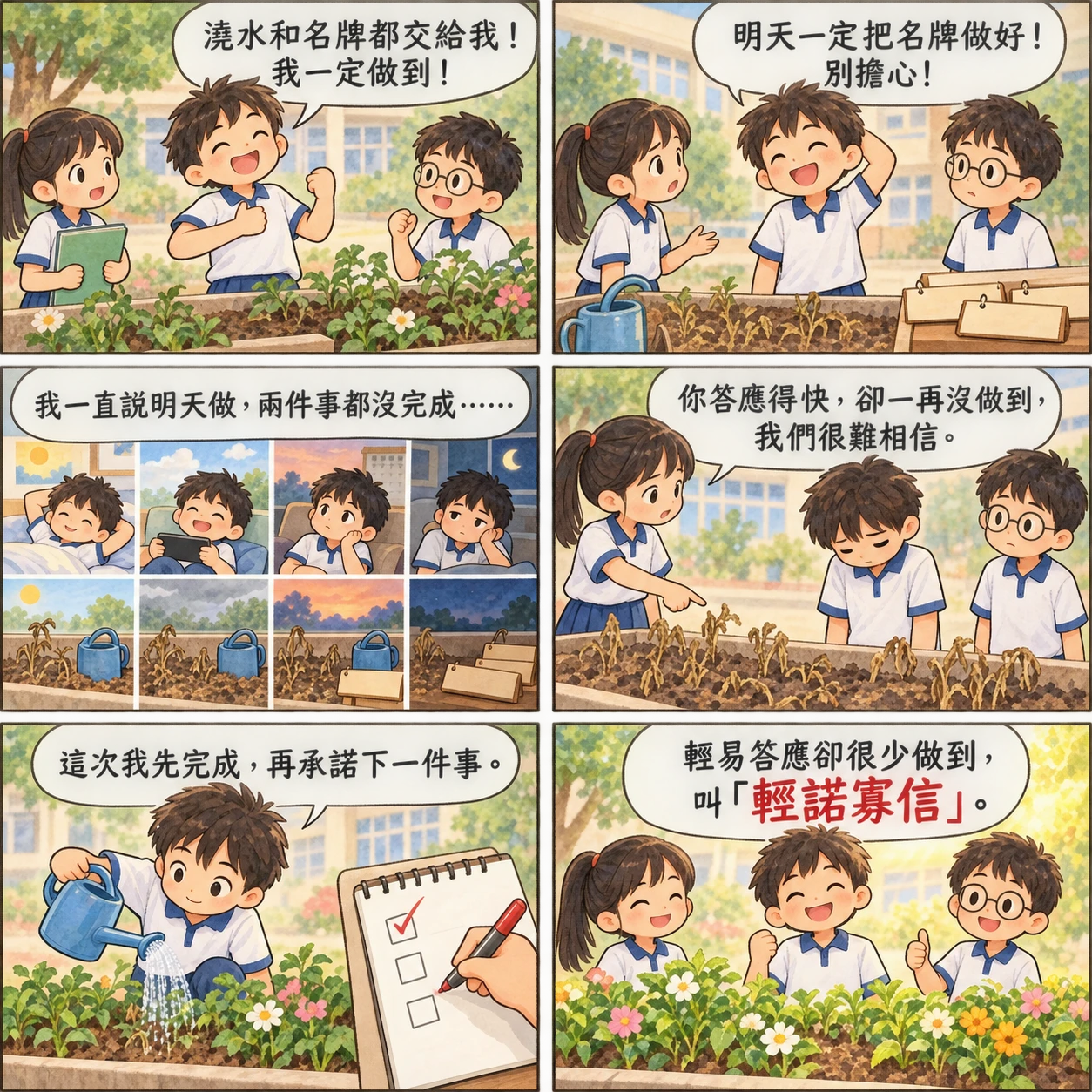 輕諾寡信的 AI 生成成語漫畫